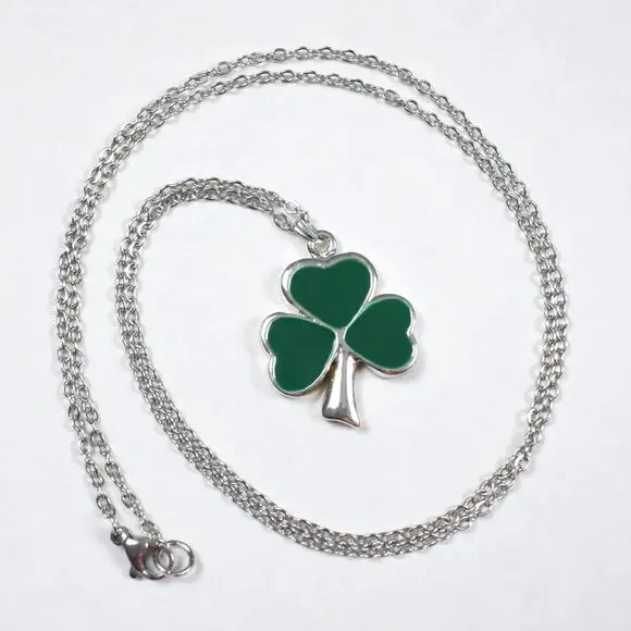 Shamrock Clover silver/green Pendant Chain Necklace St. Patrick's Day Irish 24" - Picture 1 of 3